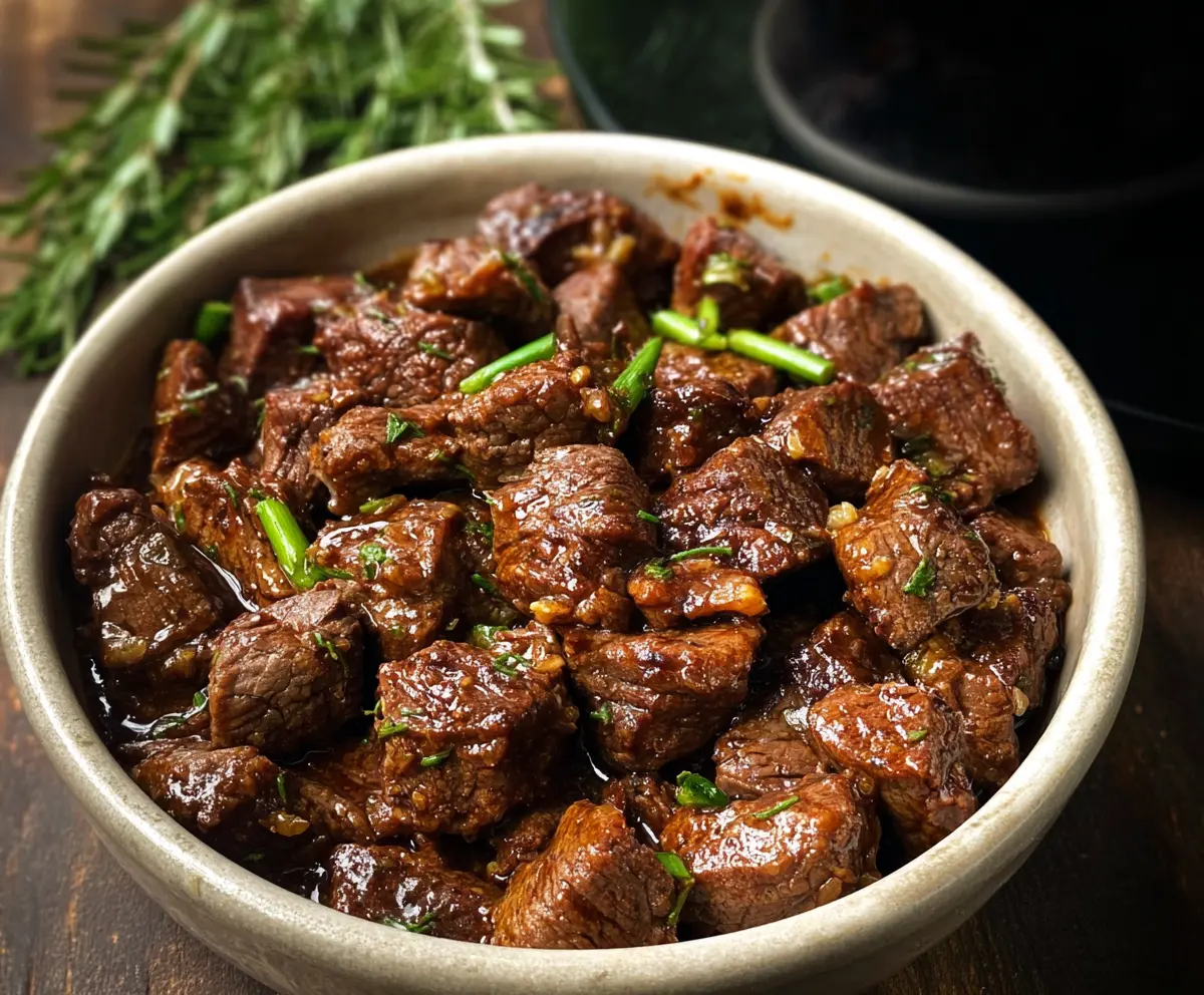 Delicious high protein garlic butter beef bites cooked in a slow cooker, perfect for flavorful meals.