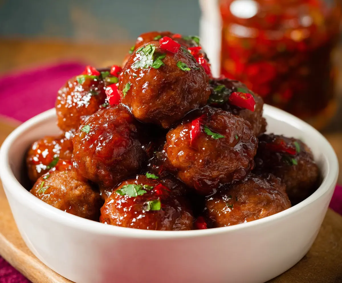 Plate of savory meatballs topped with spicy hot pepper jelly, perfect for appetizers or party snacks.