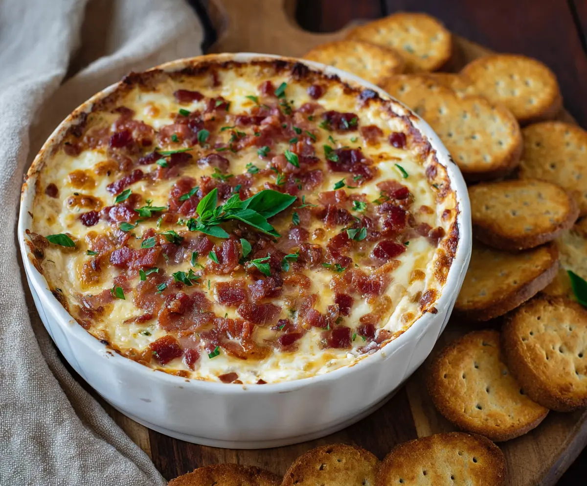 Creamy hot smoked Gouda bacon dip served with crispy bacon bits and fresh dipping bread.