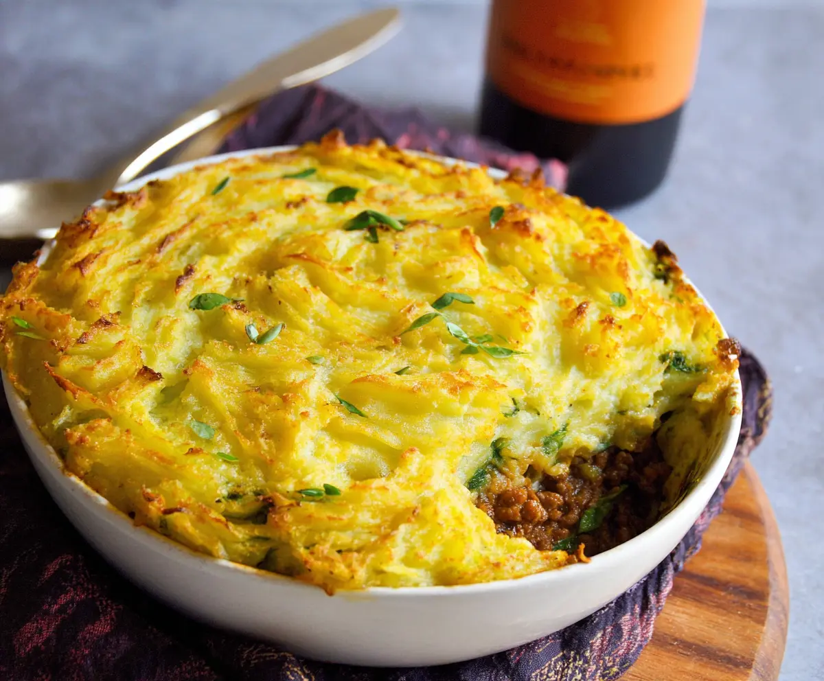 Delicious Irish Cottage Pie with seasoned minced meat topped with mashed potatoes and fresh vegetables.