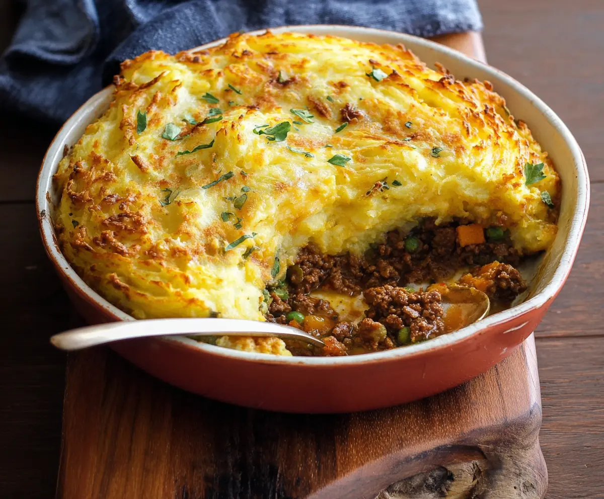 Delicious Irish Shepherd's Pie topped with golden mashed potatoes and savory meat filling.