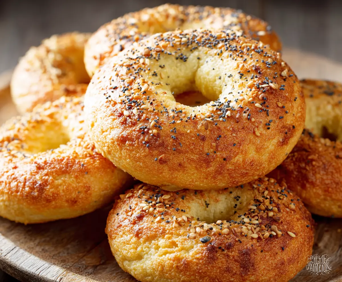 Delicious homemade keto bagels on a wooden platter, perfect for low-carb breakfast options