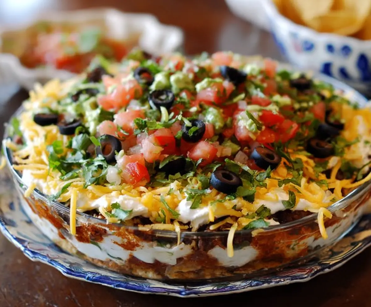 Colorful layered Tex-Mex dip with cheese, beans, and salsa served in a clear glass dish.