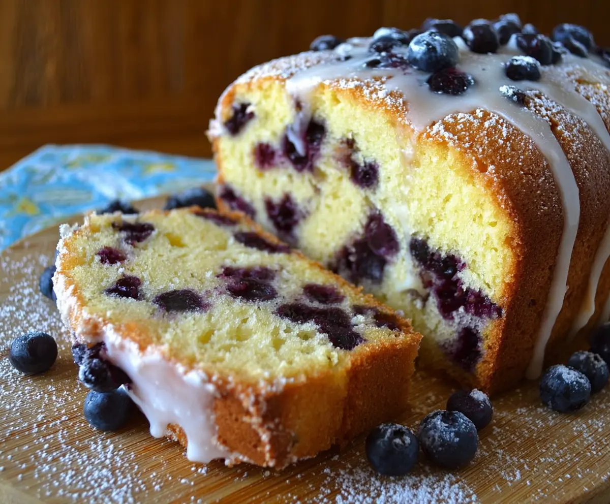 Delicious Lemon Blueberry Pound Cake topped with fresh blueberries and lemon slices.