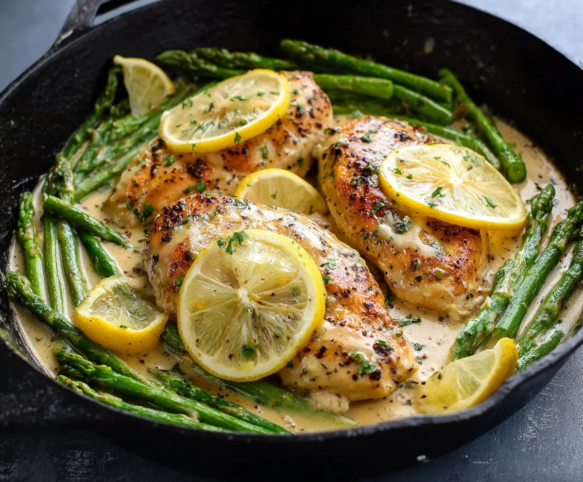Delicious Lemon Chicken with Asparagus served on a white plate, garnished with lemon slices and fresh herbs.