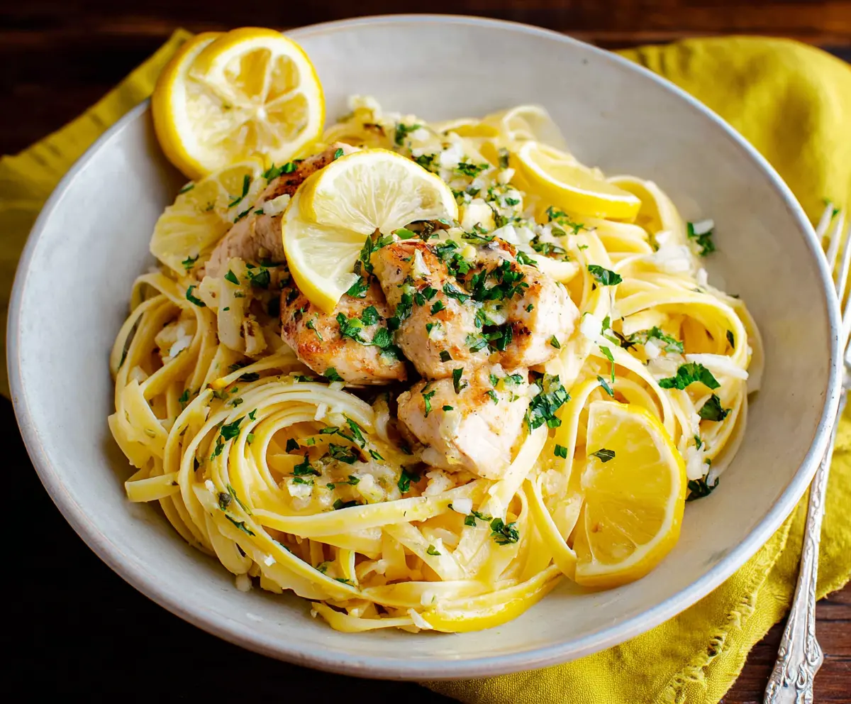 Delicious Lemon Garlic Chicken Pasta served on a white plate with fresh herbs