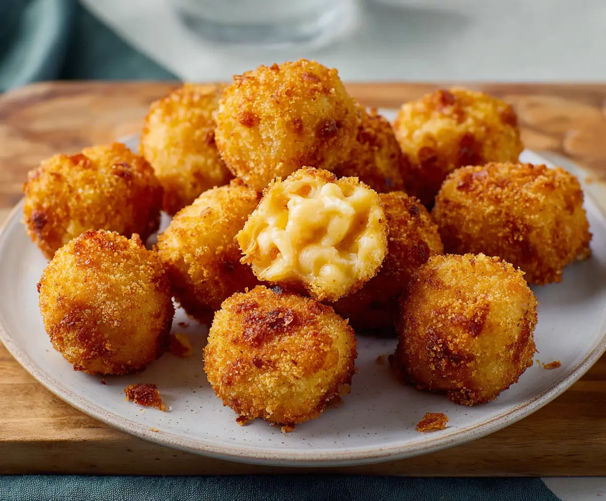 Delicious golden macaroni and cheese bites served on a plate, perfect for snacks or appetizers.