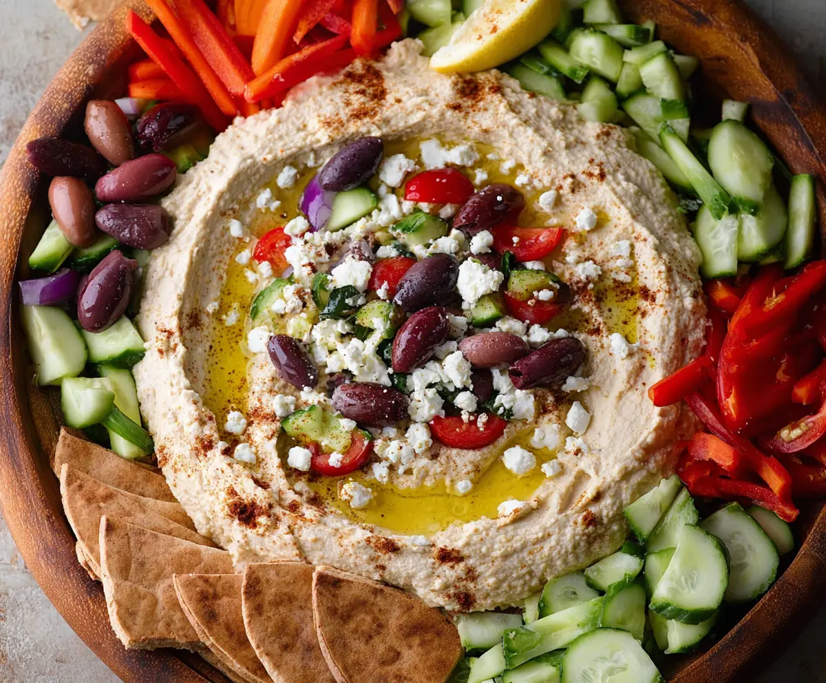 Colorful Mediterranean hummus dip platter with fresh vegetables, pita bread, and olives
