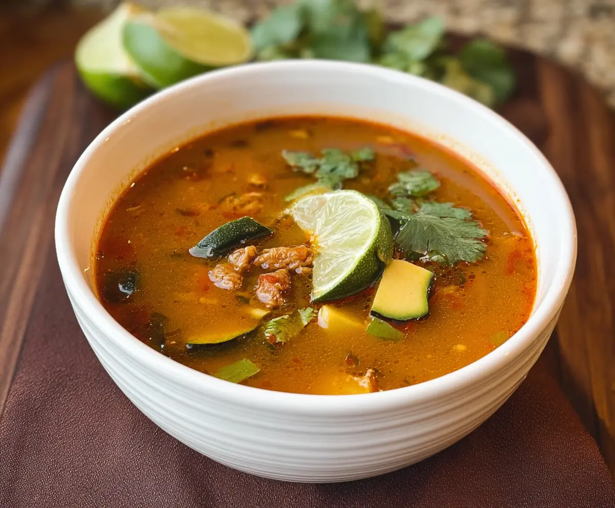 Delicious Mexican zucchini soup served in a bowl, garnished with herbs and fresh vegetables.