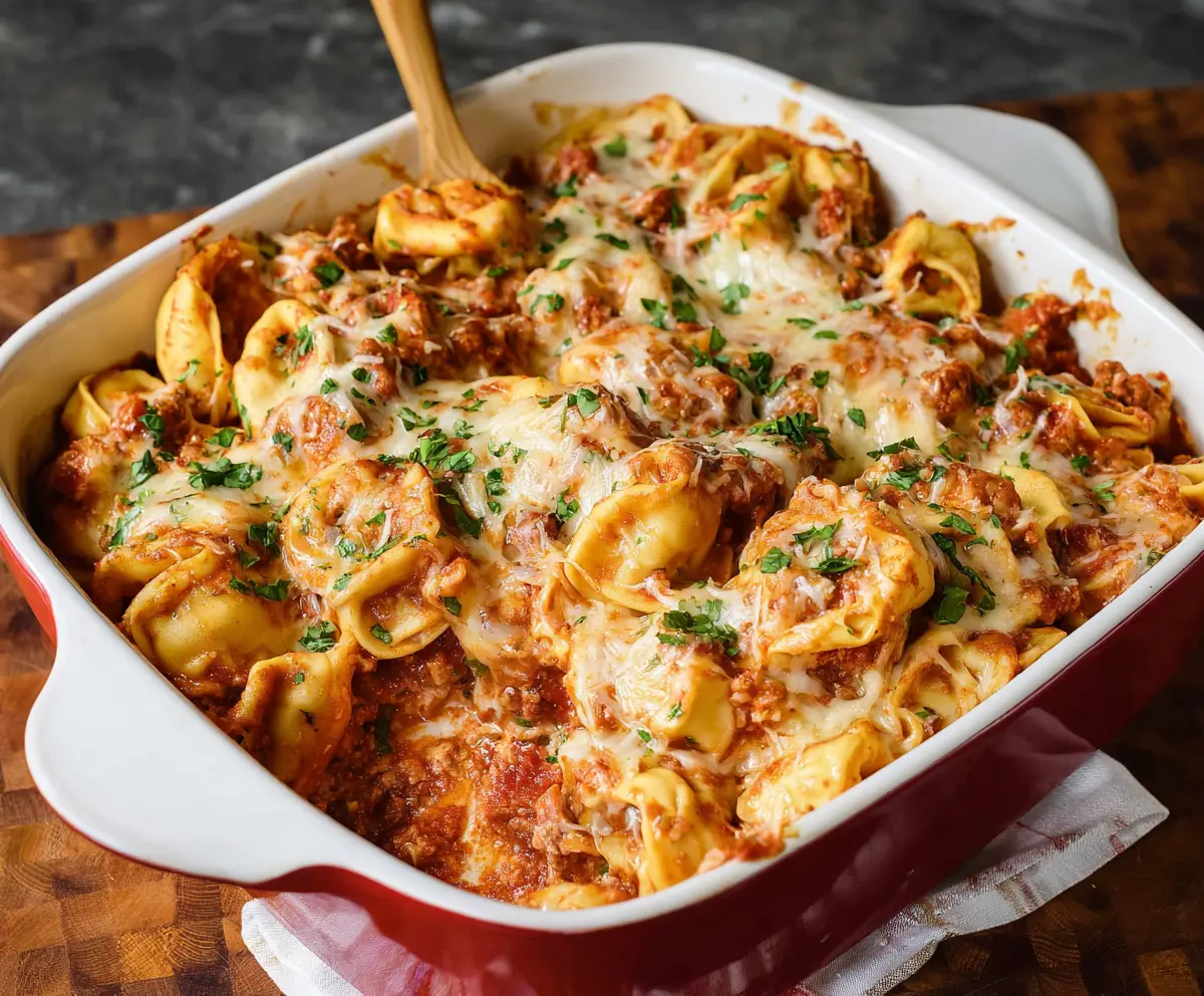 Delicious Million Dollar Tortellini Casserole with melted cheese and savory ingredients on a baking dish.