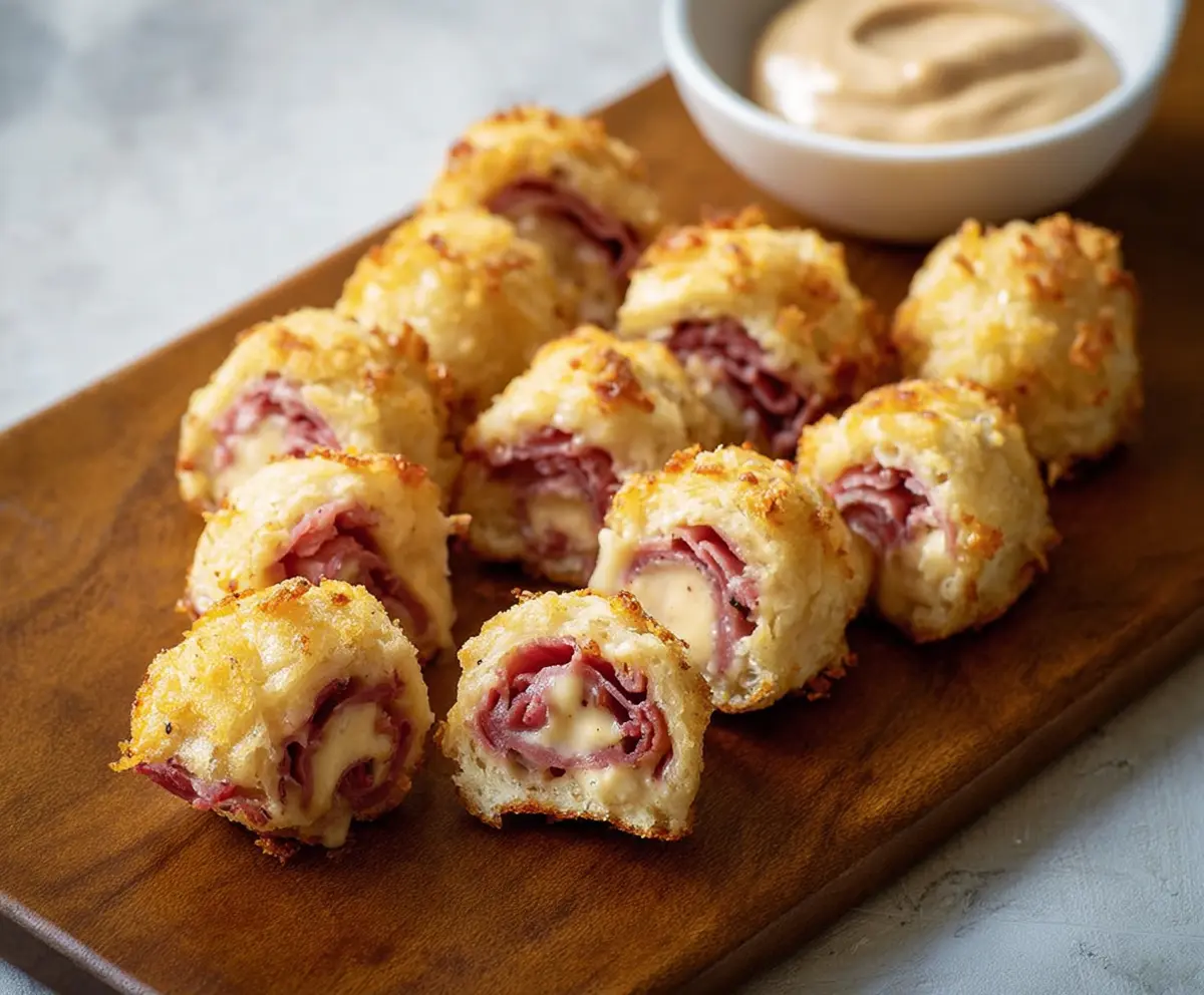 Delicious Mini Reuben Bites with corned beef, sauerkraut, and Swiss cheese on rye bread.