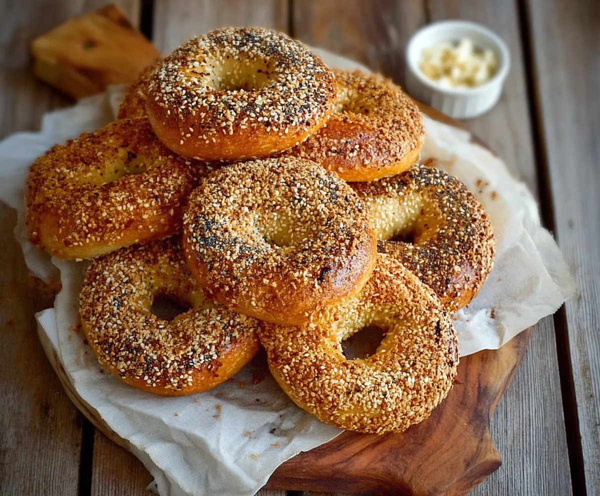 Freshly baked Montreal style bagels with a shiny crust and chewy interior on a rustic wooden tray.