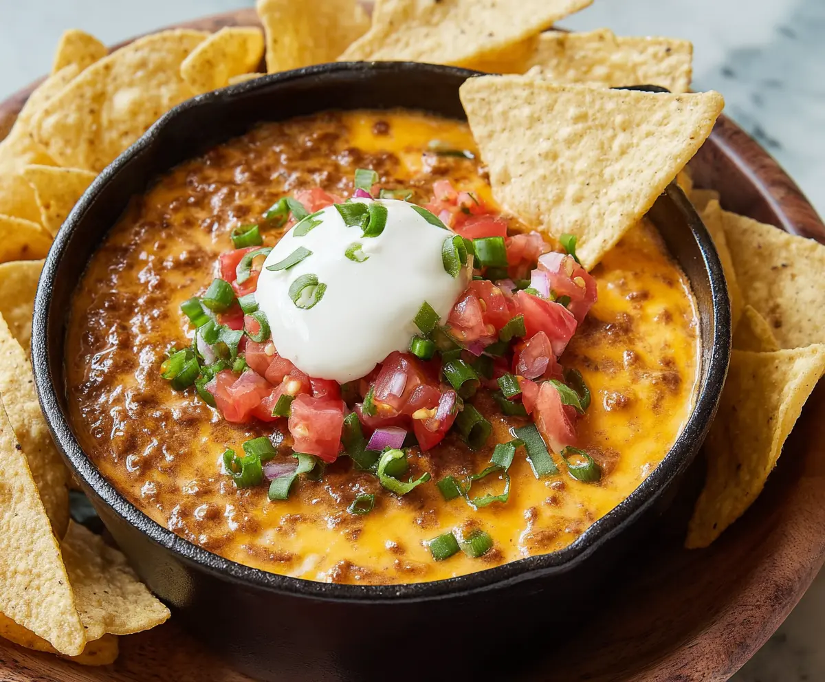 Creamy nacho dip served with crispy tortilla chips, perfect for snacking and parties.