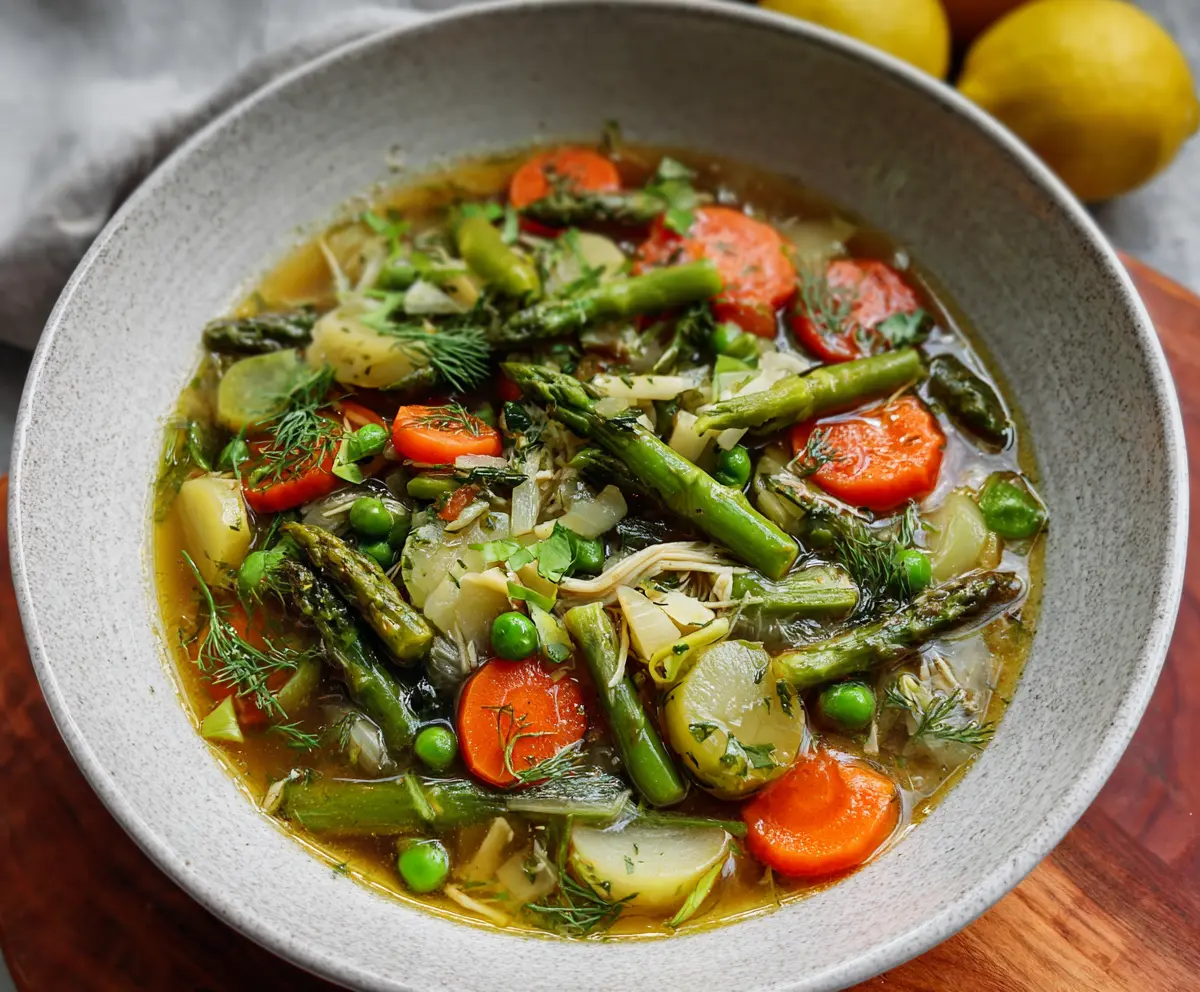 Delicious one-pot spring vegetable soup with fresh seasonal vegetables in a cozy bowl.