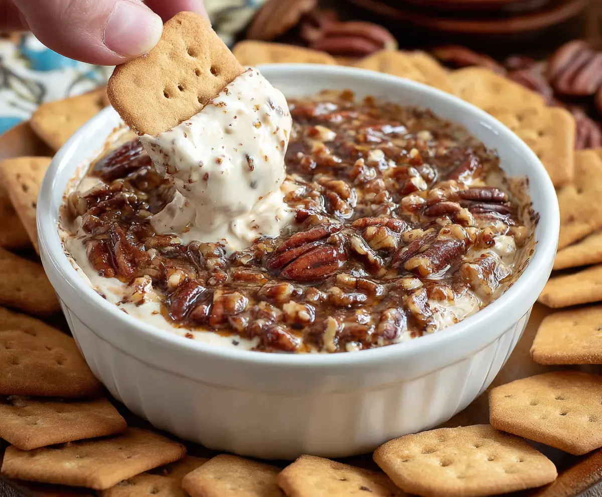 Decadent pecan pie dip topped with chopped pecans and caramel drizzle, perfect for dessert parties.