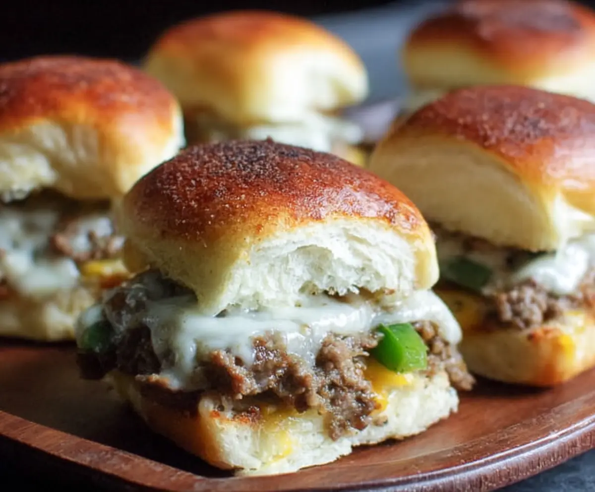 Delicious Philly Cheesesteak Sliders made with ground beef and melted cheese, perfect for party appetizers.