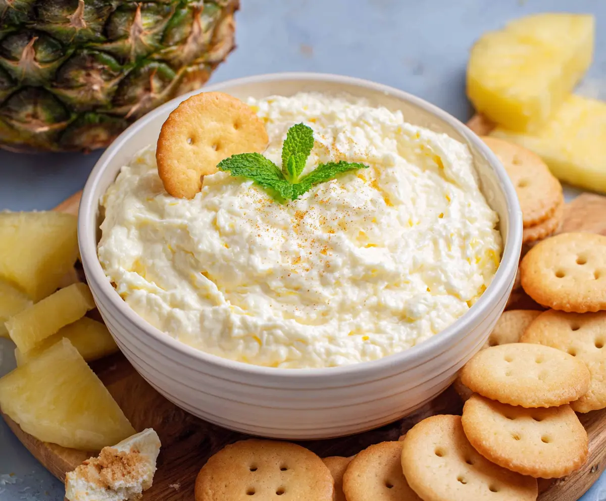 Delicious pineapple dip served in a white bowl, garnished with fresh pineapple chunks for a tropical flavor.