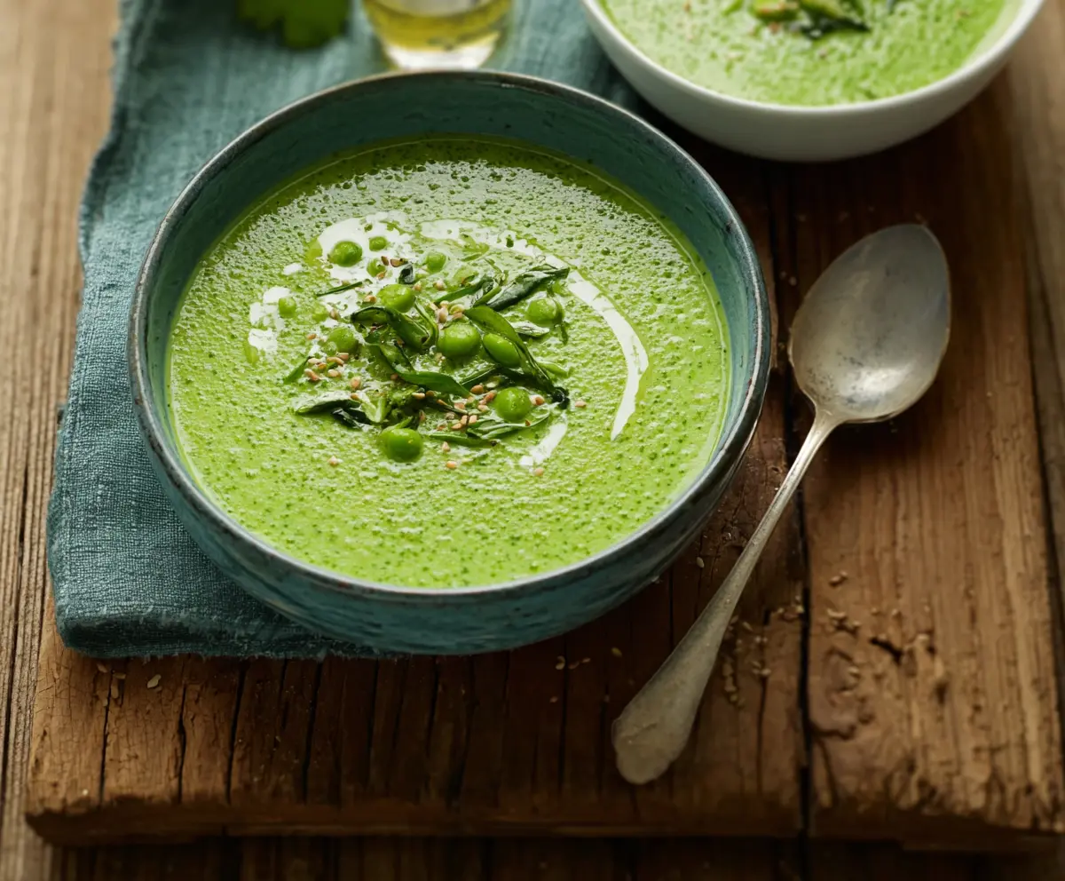 Bright and fresh Primavera Spring Green Soup in a bowl with vibrant vegetables and herbs.