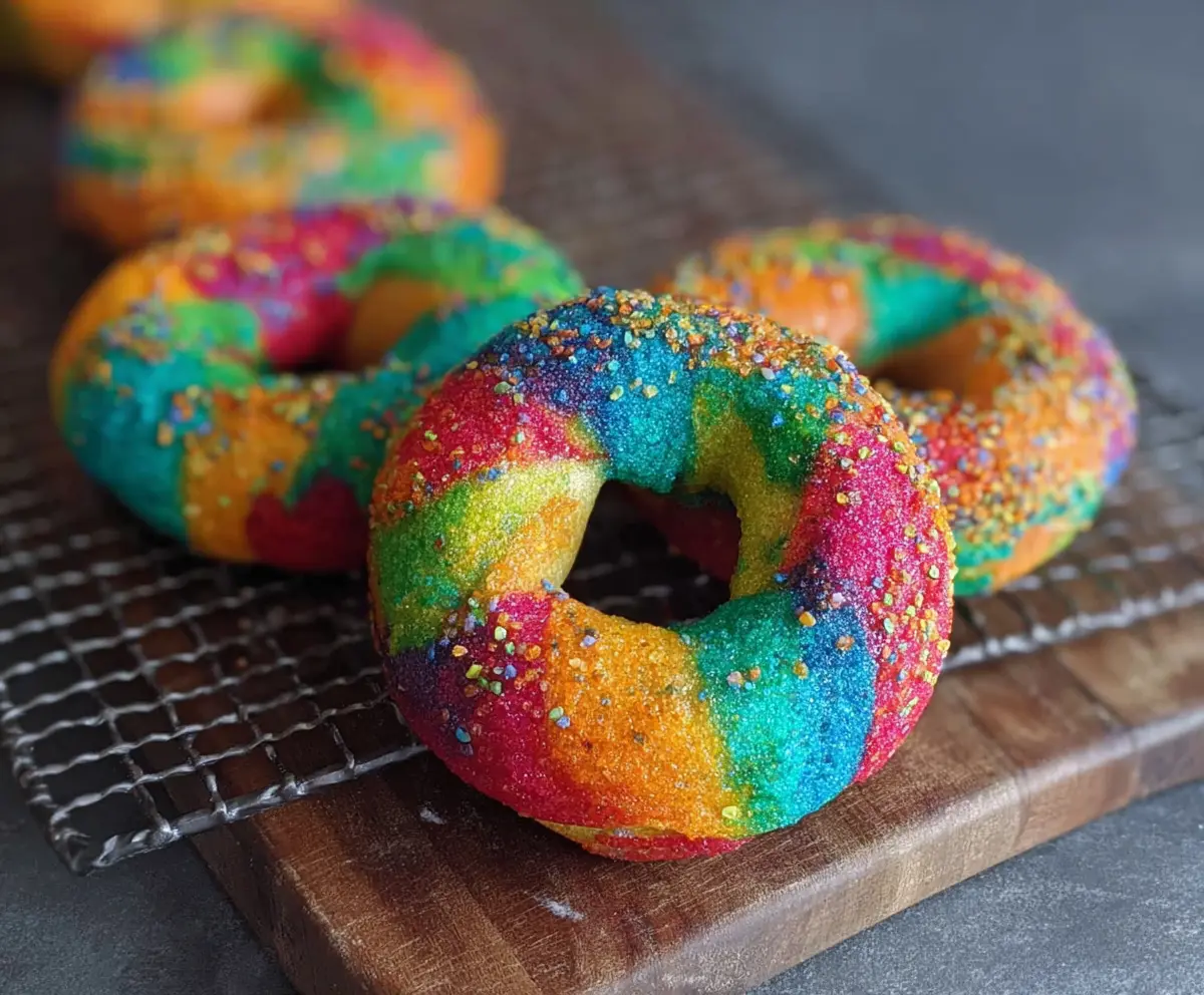 Colorful rainbow bagels with vibrant swirls and topped with sesame seeds, perfect for breakfast or brunch.