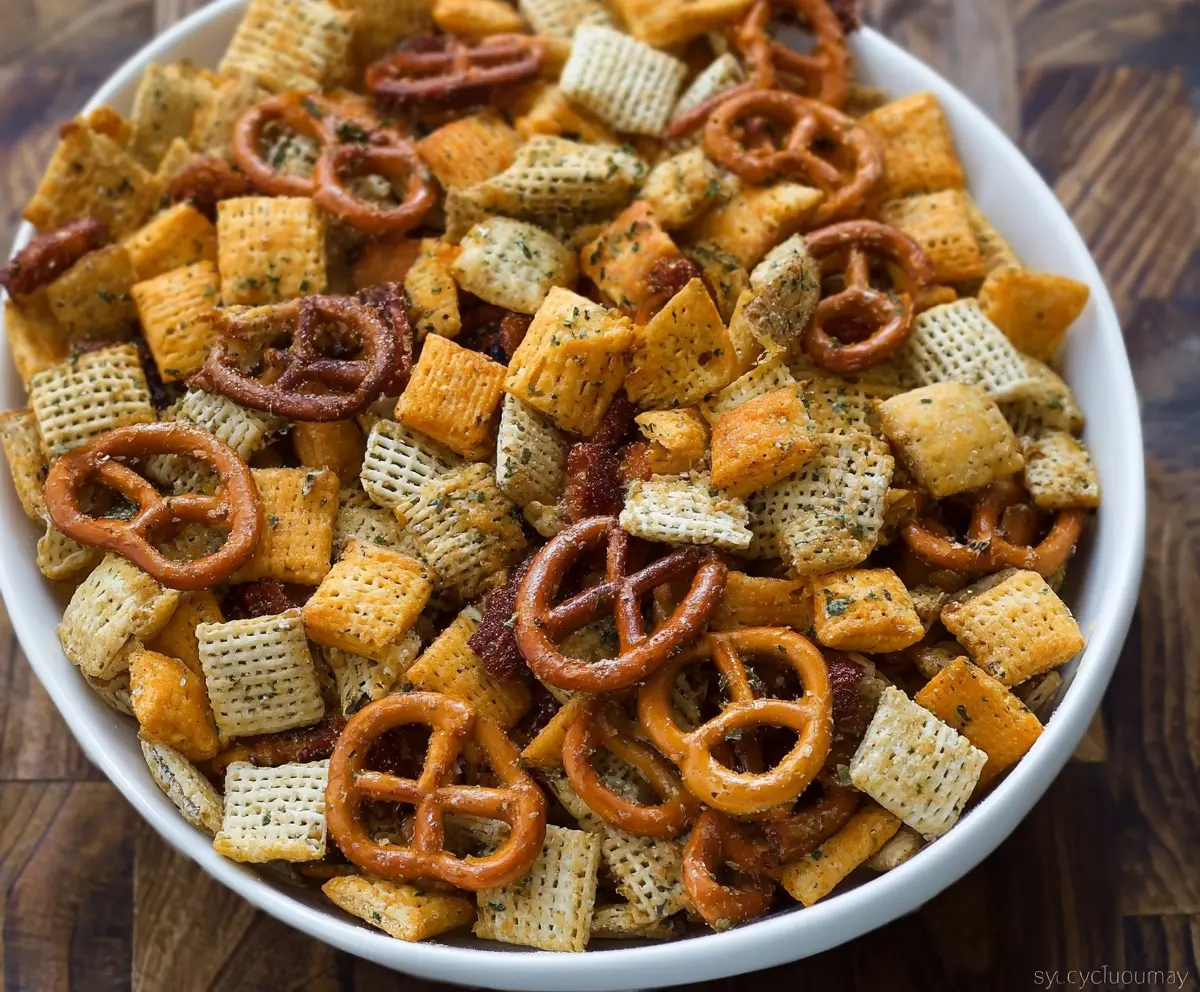 Crunchy Ranch Chex Mix in a bowl with pretzels and nuts for a savory snack