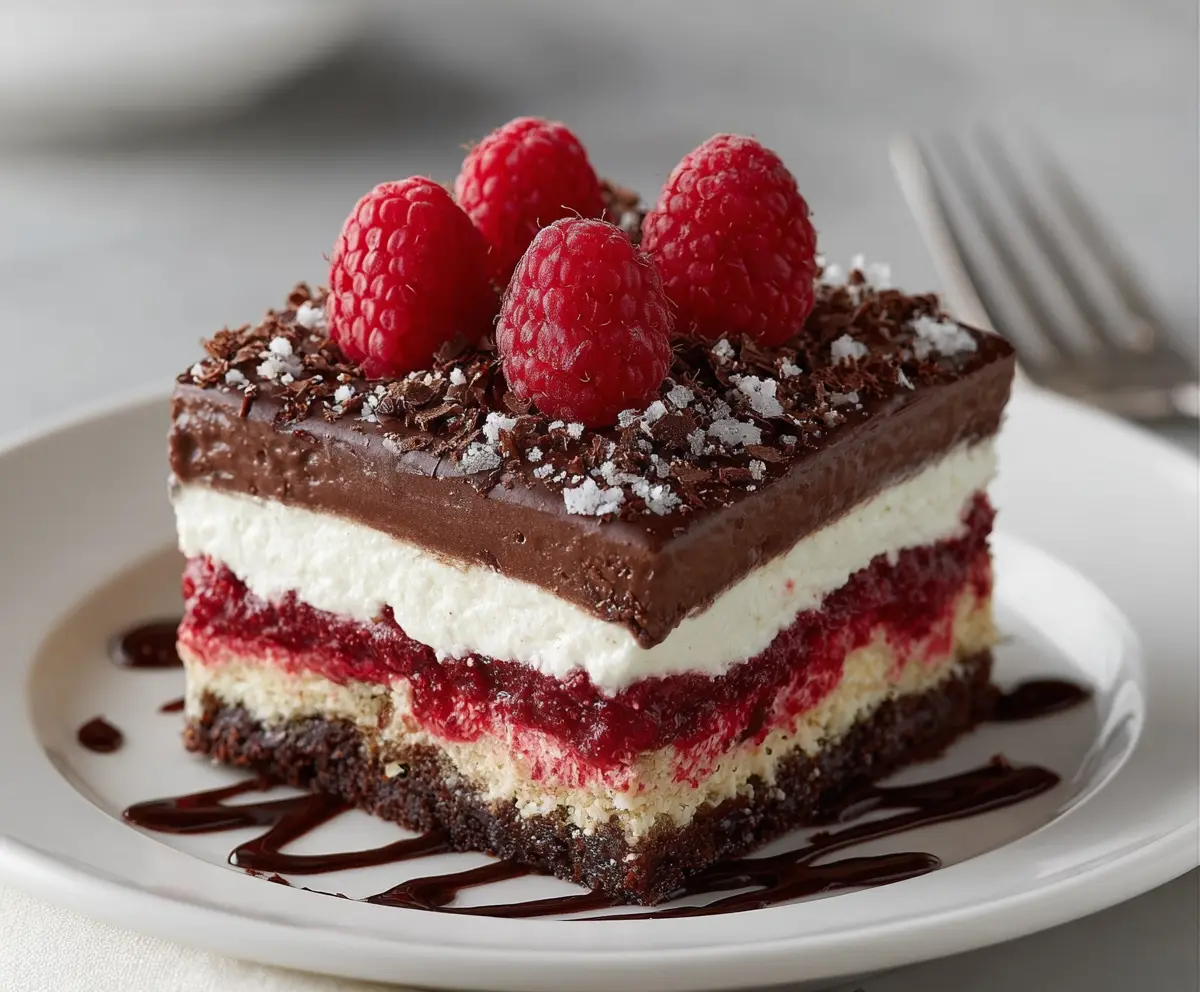 Delicious Raspberry Chocolate Lasagna with layered raspberries and rich chocolate topping