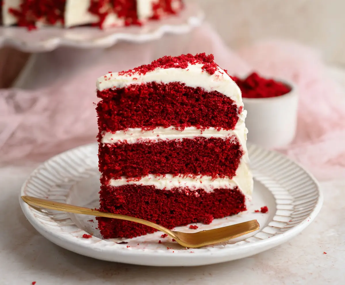 Delicious homemade red velvet cake with cream cheese frosting, perfect for celebrations.