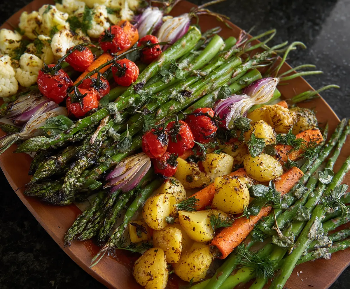 Colorful roasted spring vegetables served on a platter, perfect for healthy eating.