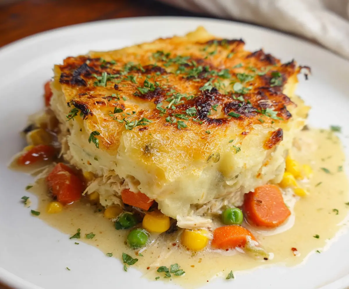 Delicious rotisserie chicken shepherd's pie with golden mashed potatoes and savory filling