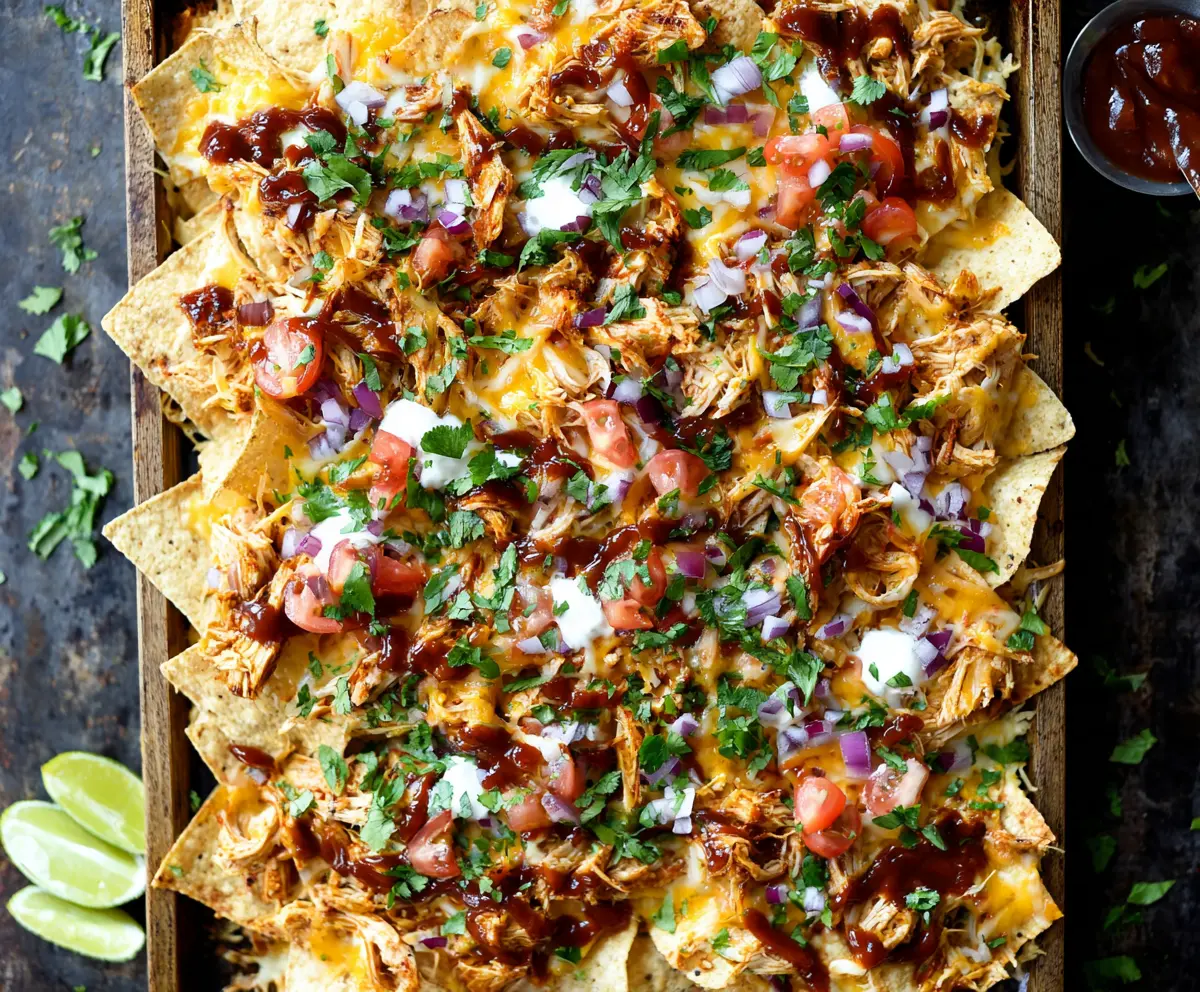 Delicious Sheet Pan BBQ Chicken Nachos topped with melted cheese, jalapenos, and fresh herbs.