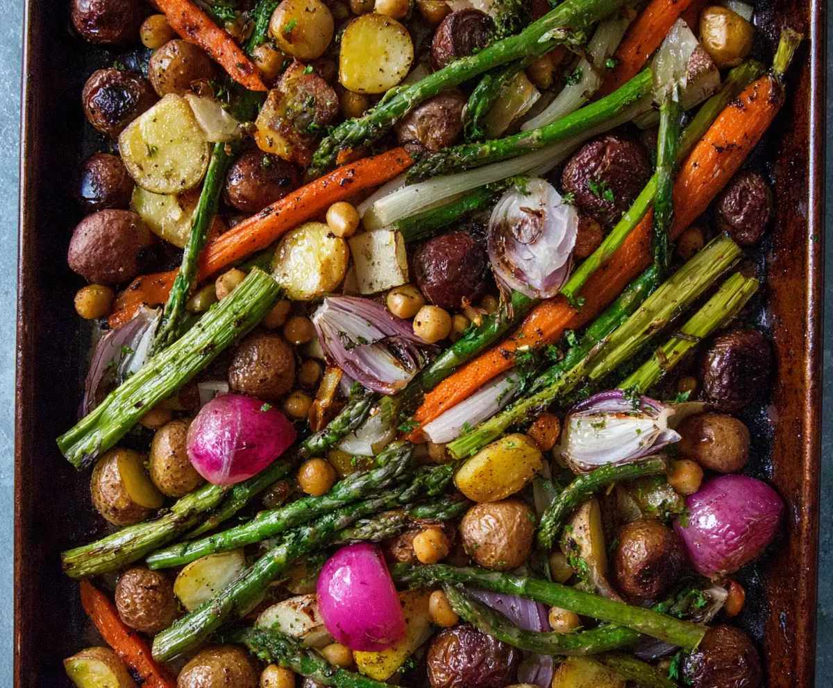 Colorful sheet pan spring vegetables with asparagus, bell peppers, and zucchini ready for roasting.