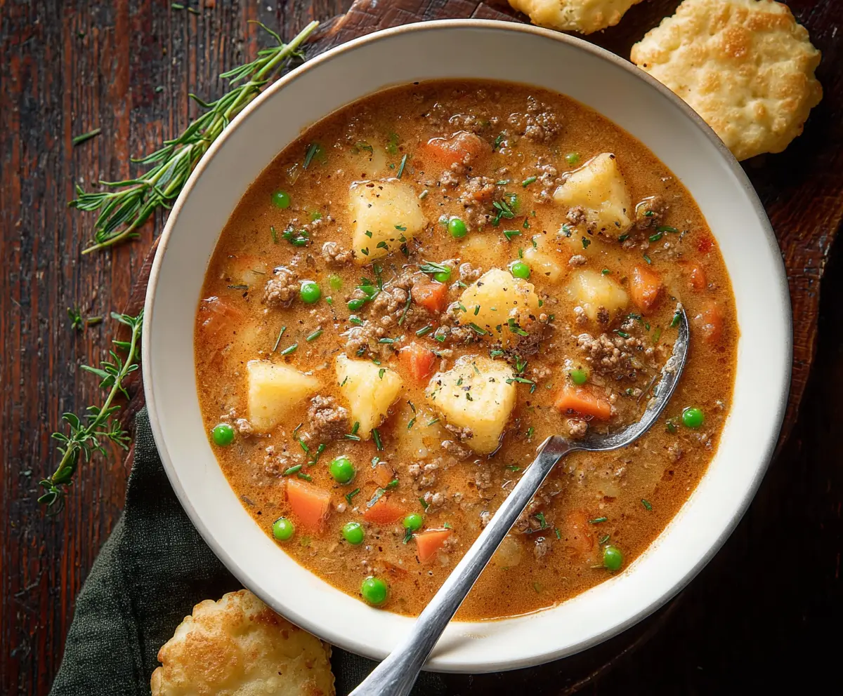 Hearty Shepherd's Pie Soup with ground beef, vegetables, and mashed potato topping in a bowl.