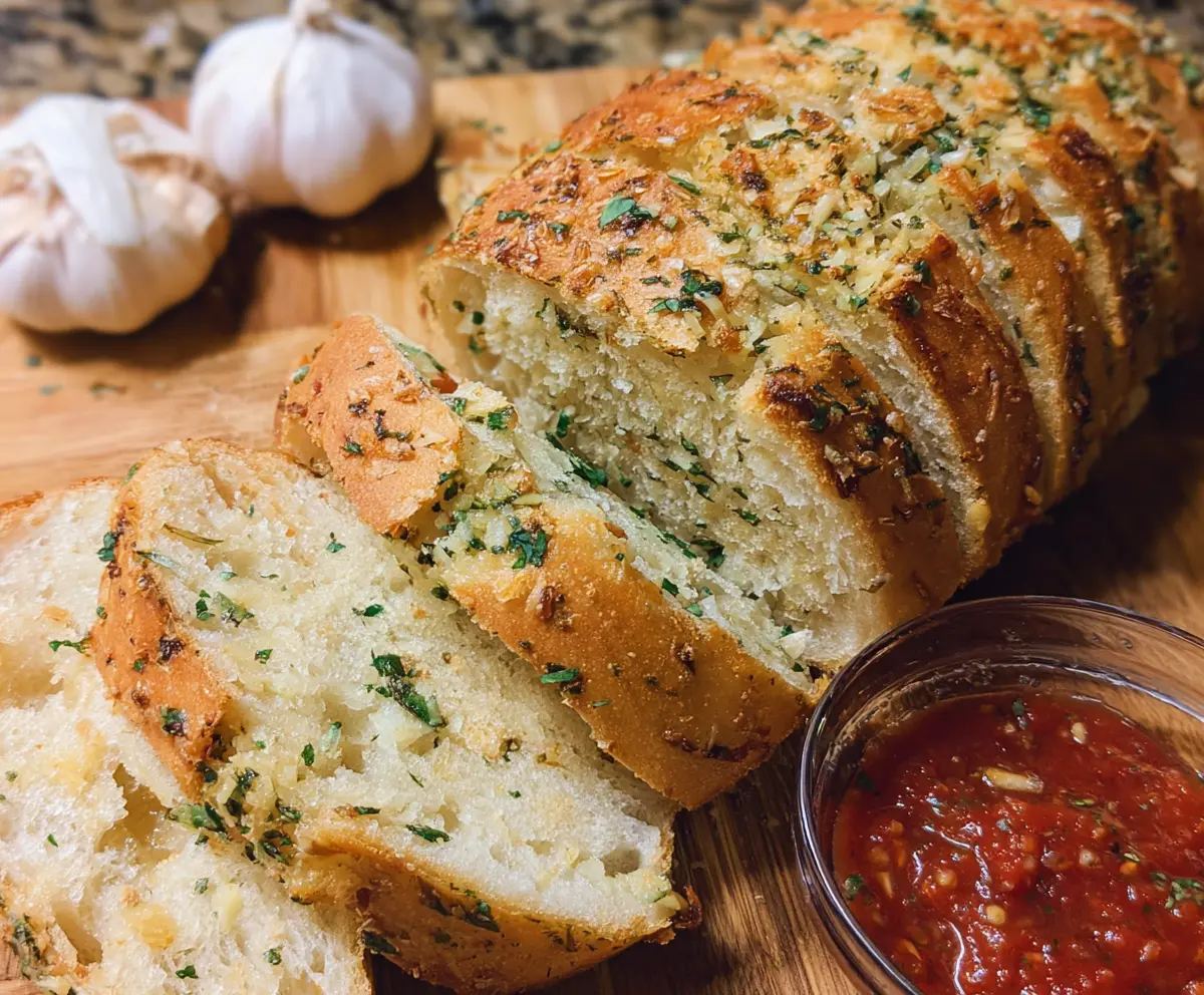 Golden, crispy sourdough garlic bread with aromatic garlic and herbs on a rustic wooden table.
