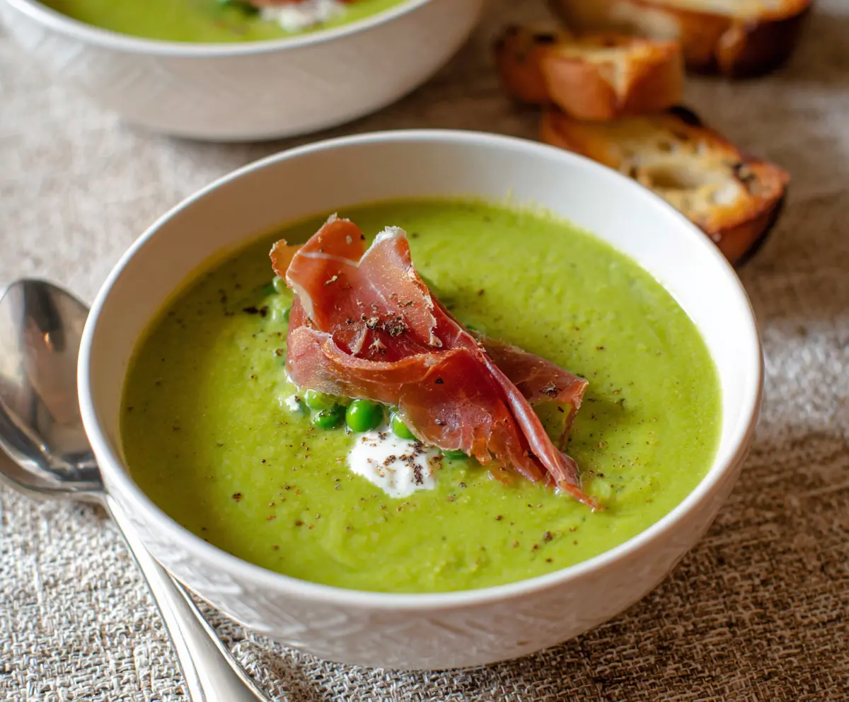 Creamy spring pea soup garnished with crispy prosciutto and fresh herbs in a bowl.