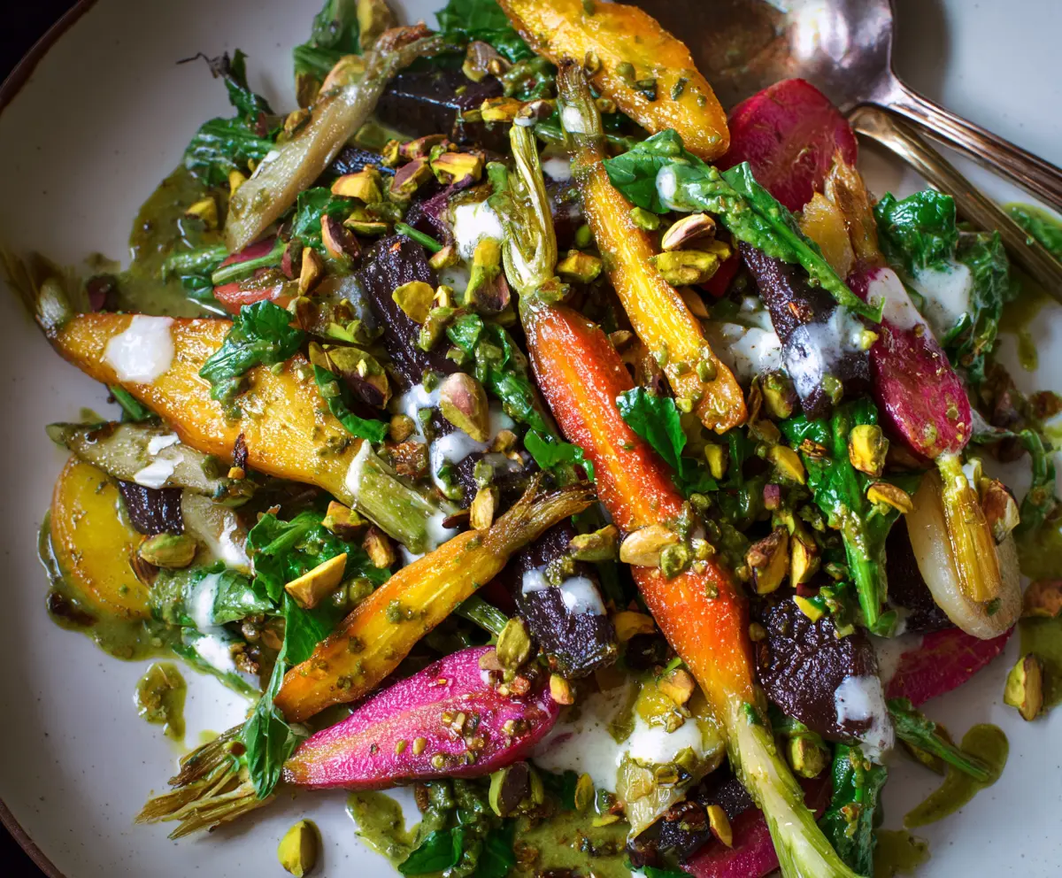 Colorful spring root vegetable salad drizzled with pistachio vinaigrette on a fresh plate.
