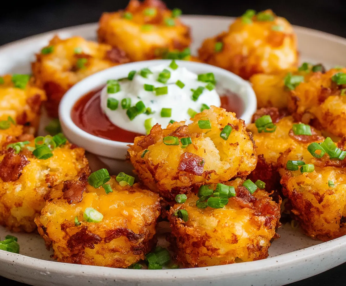 Delicious Tater Tot Bites served with dipping sauce, crispy and golden brown snack for parties or snacks.