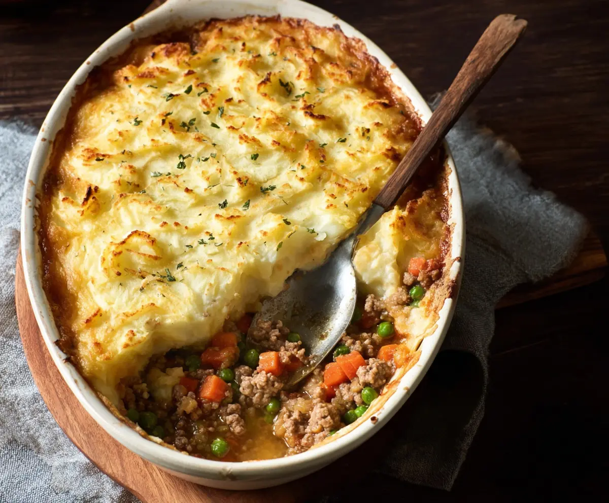 Delicious turkey shepherd's pie topped with mashed potatoes and crispy herbs.