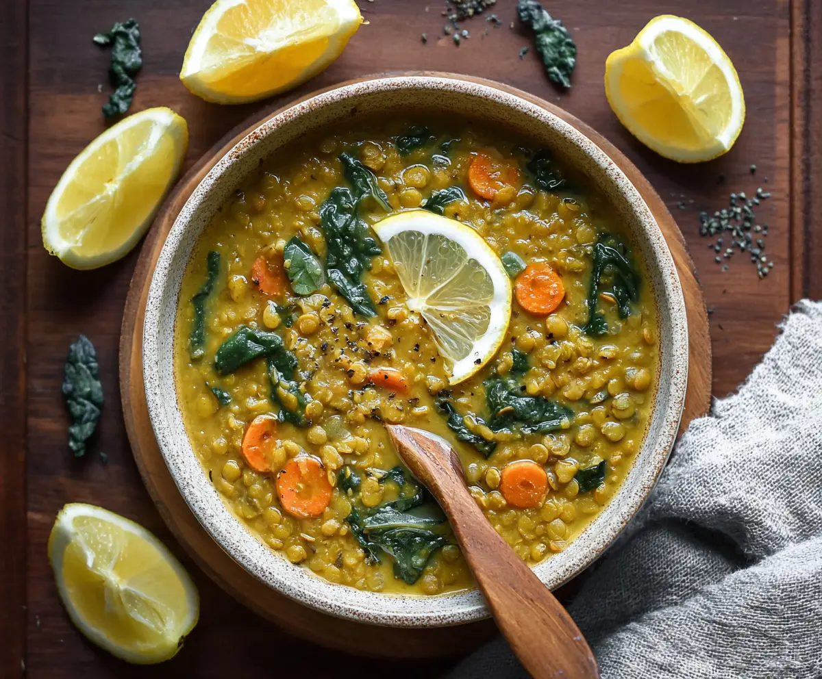 Vegan lemon lentil soup topped with fresh herbs and turmeric in a white bowl