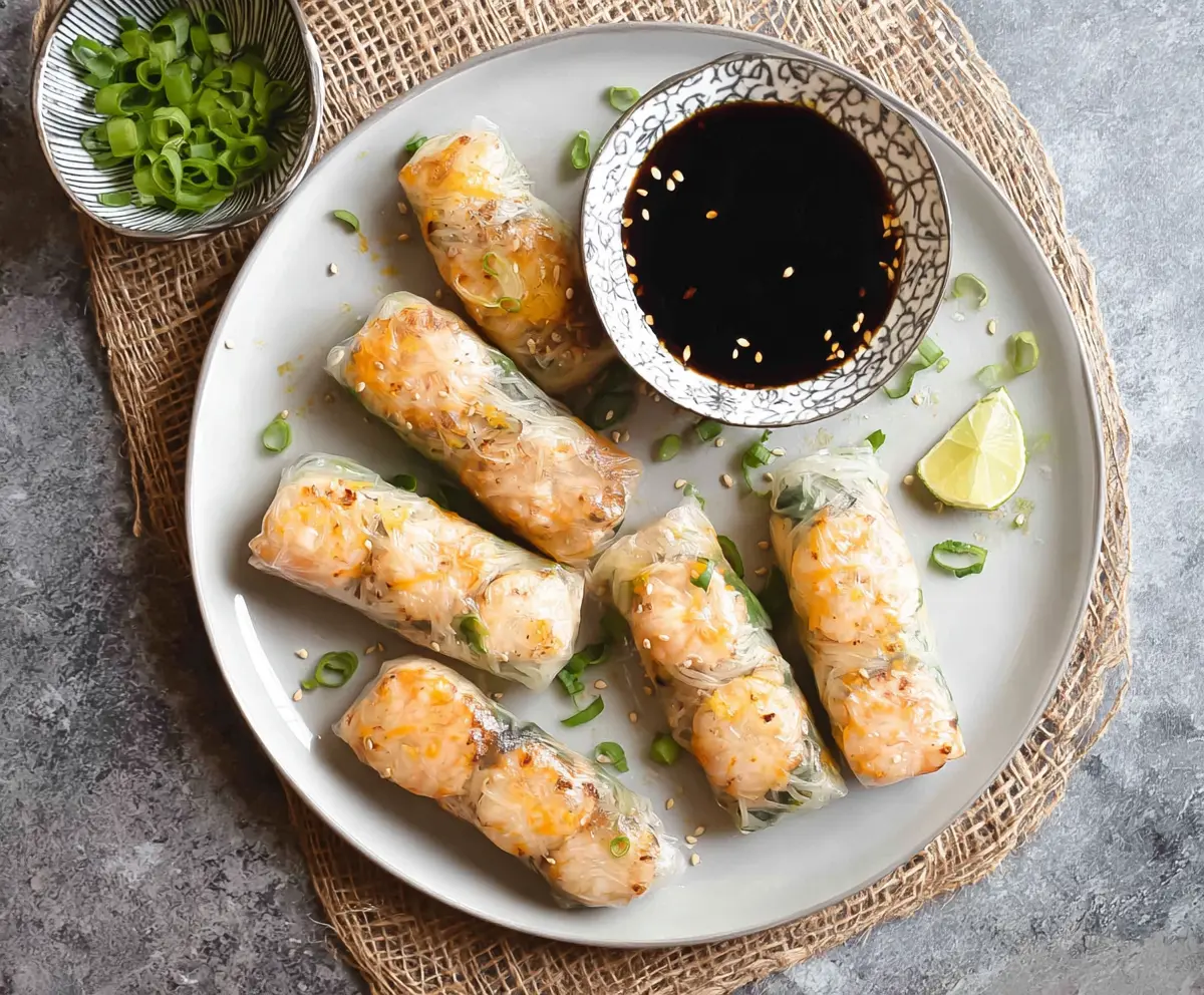 Crispy air fryer rice paper rolls filled with fresh vegetables and herbs, served as a healthy snack.