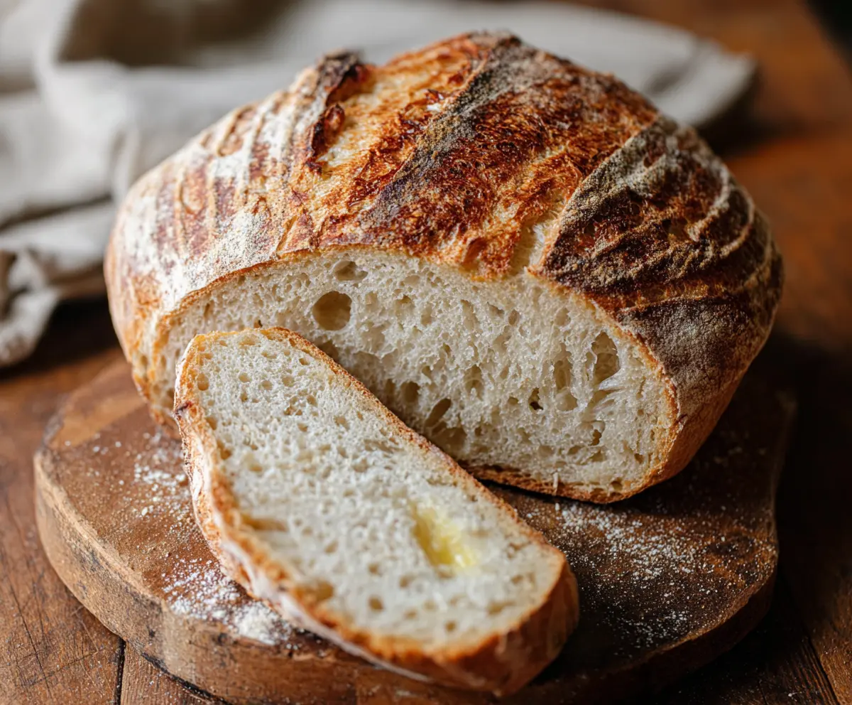 Freshly baked artisan sourdough bread with a crusty golden exterior on a rustic wooden table