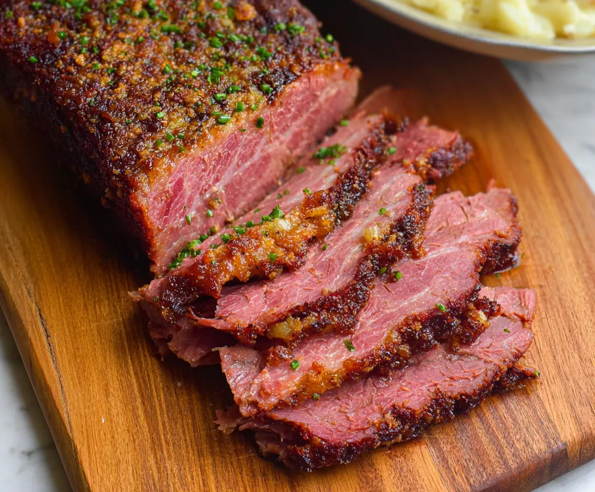 Delicious baked corned beef served with vegetables and potatoes