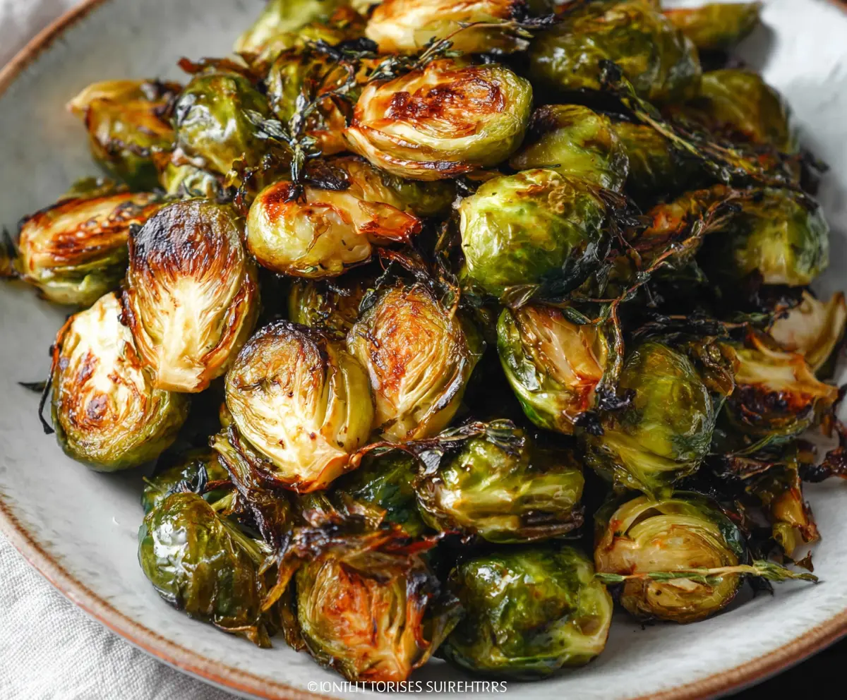 Delicious roasted Brussels sprouts drizzled with balsamic glaze, perfect as a healthy side dish.