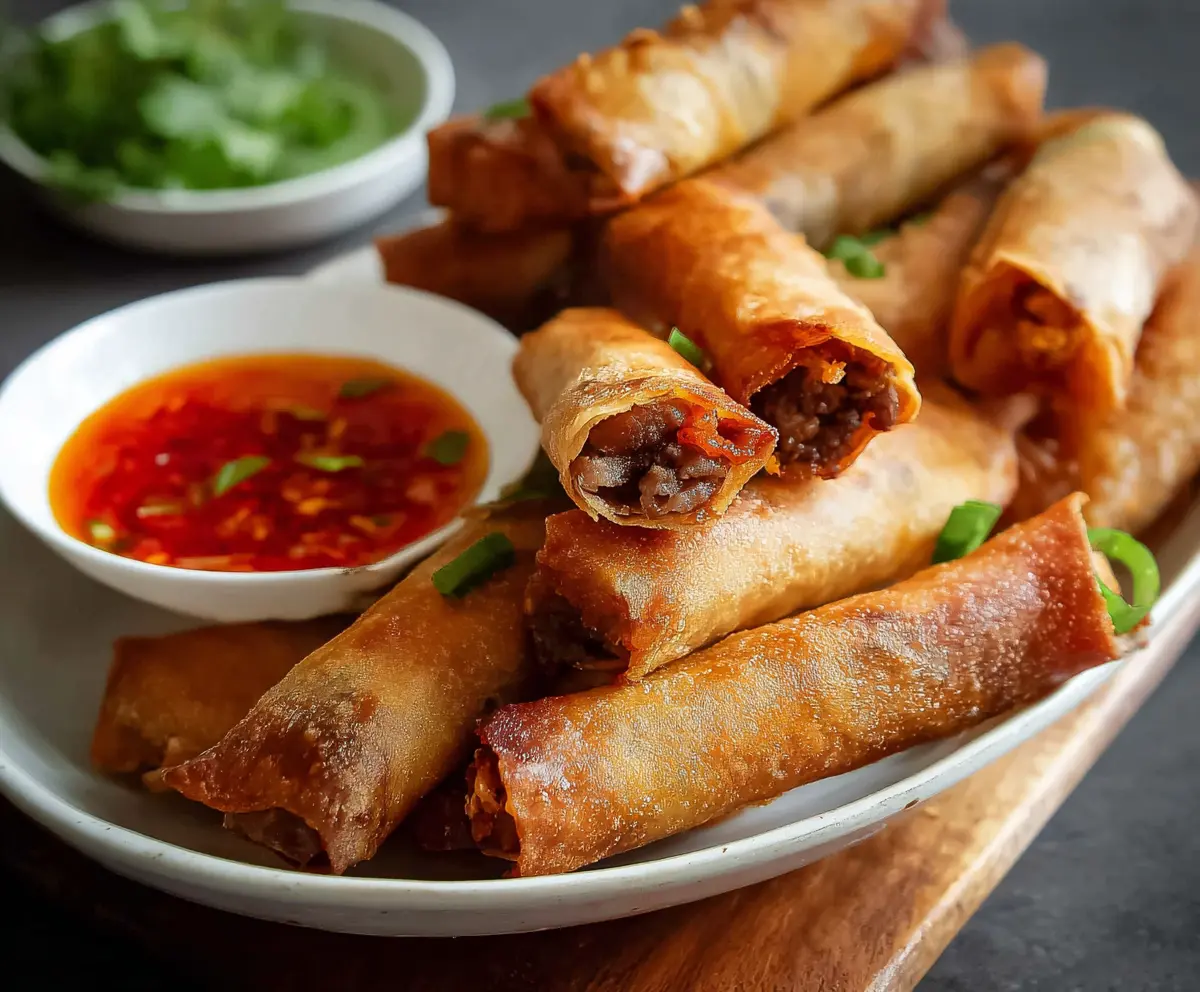Delicious homemade beef lumpia served with dipping sauce, crispy Filipino spring roll appetizer