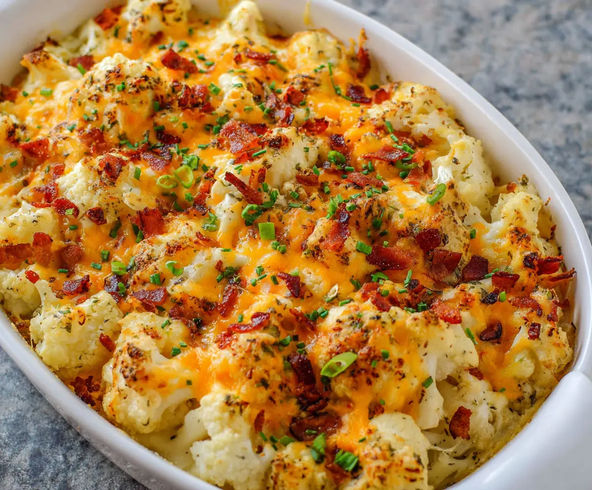 Delicious Cheesy Loaded Cauliflower Casserole with melted cheese and crispy bacon bits.