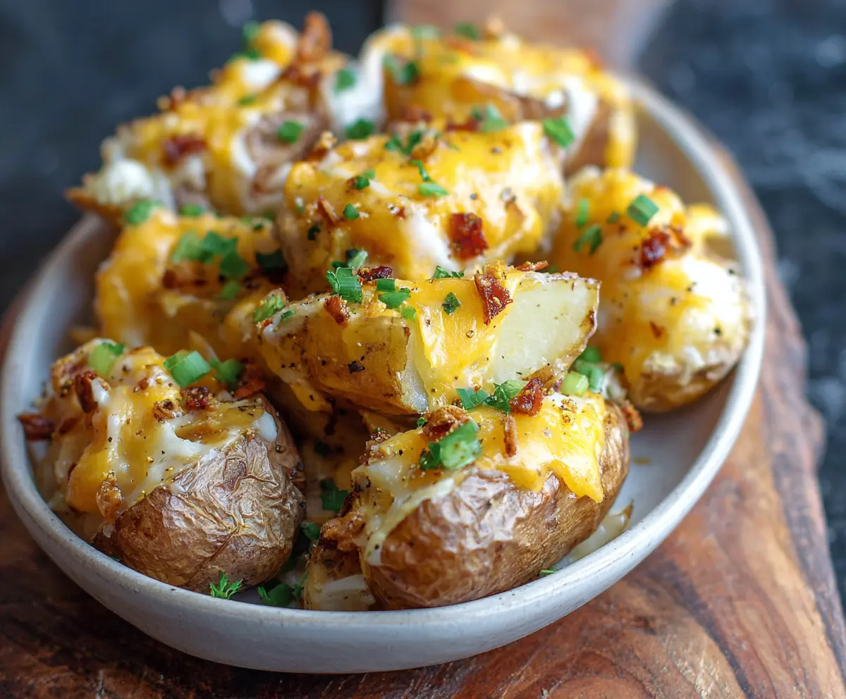 Delicious cheesy ranch baked potatoes topped with melted cheese and fresh herbs, perfect for a flavorful side dish.