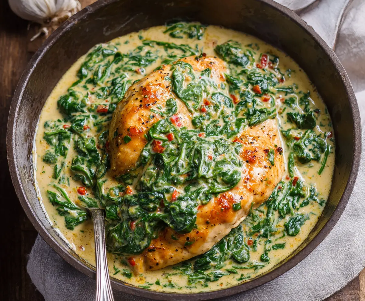 Delicious chicken breast in a creamy spinach Parmesan sauce served on a plate