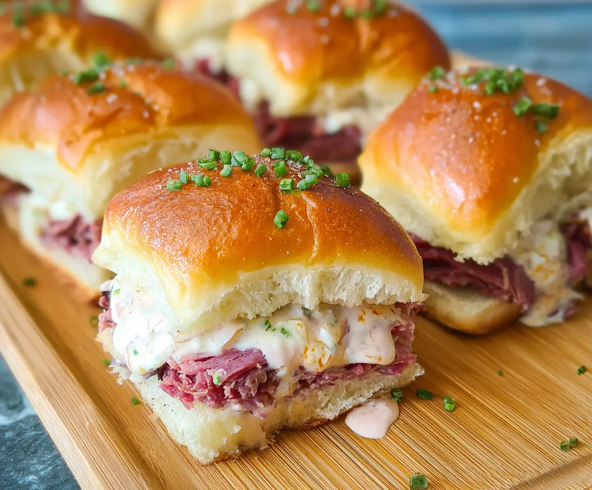 Delicious homemade Corned Beef Sliders with melted cheese and fresh toppings on a platter.