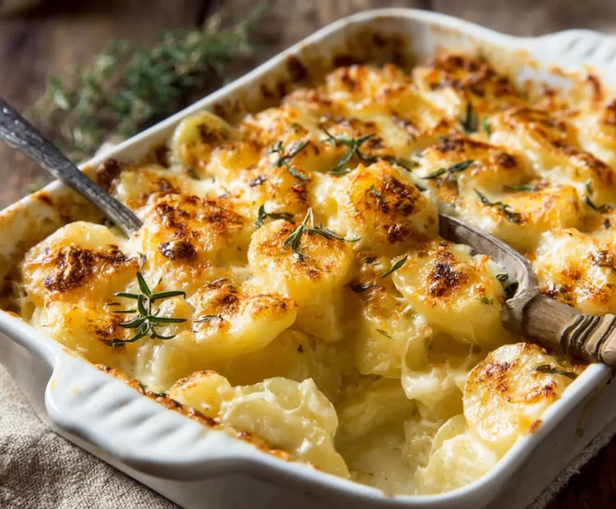 Delicious creamy cheddar potato bake served in a rustic dish, highlighting golden melted cheese on tender potatoes.