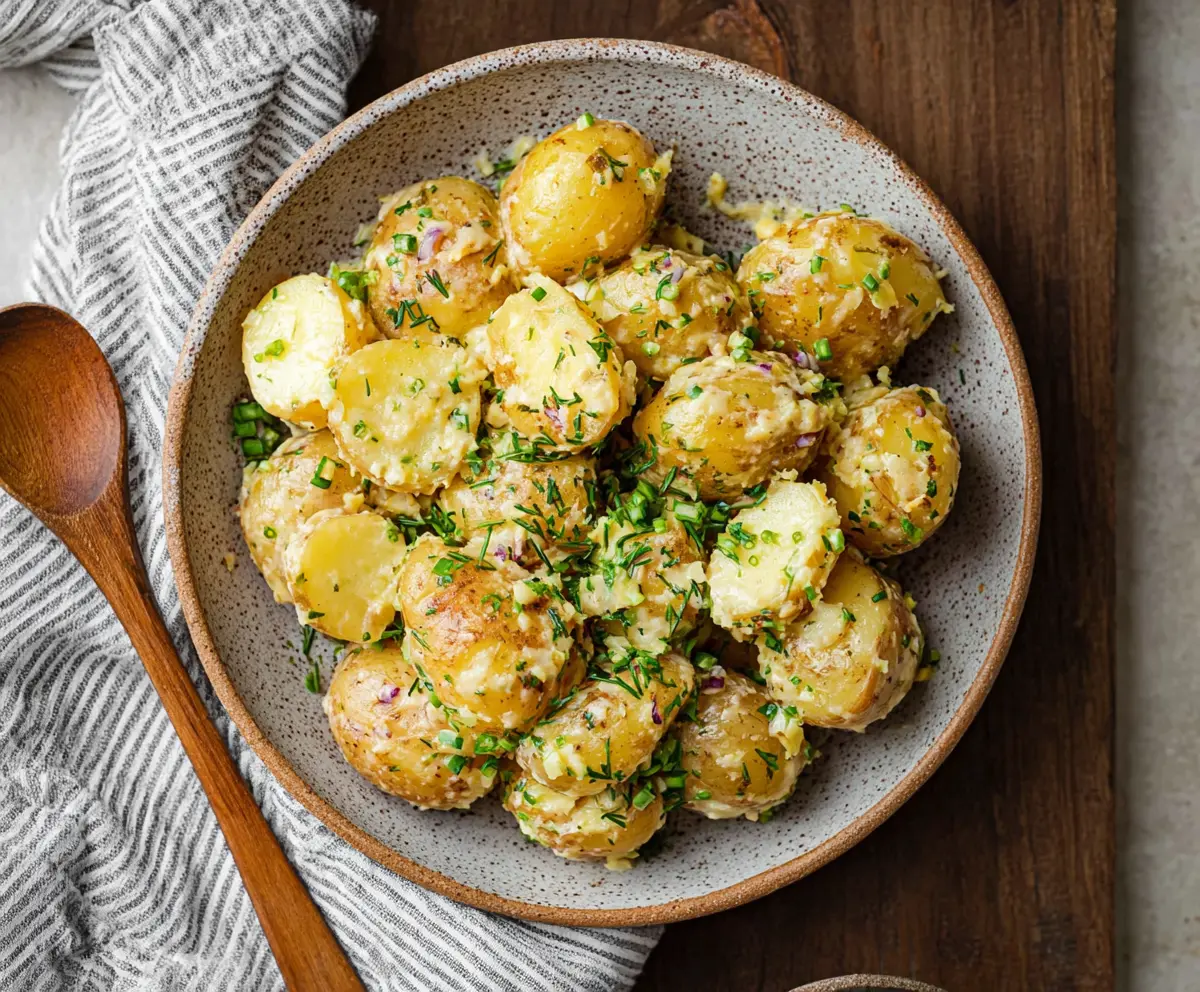 Creamy mustard potatoes served on a plate with herbs for a flavorful side dish.