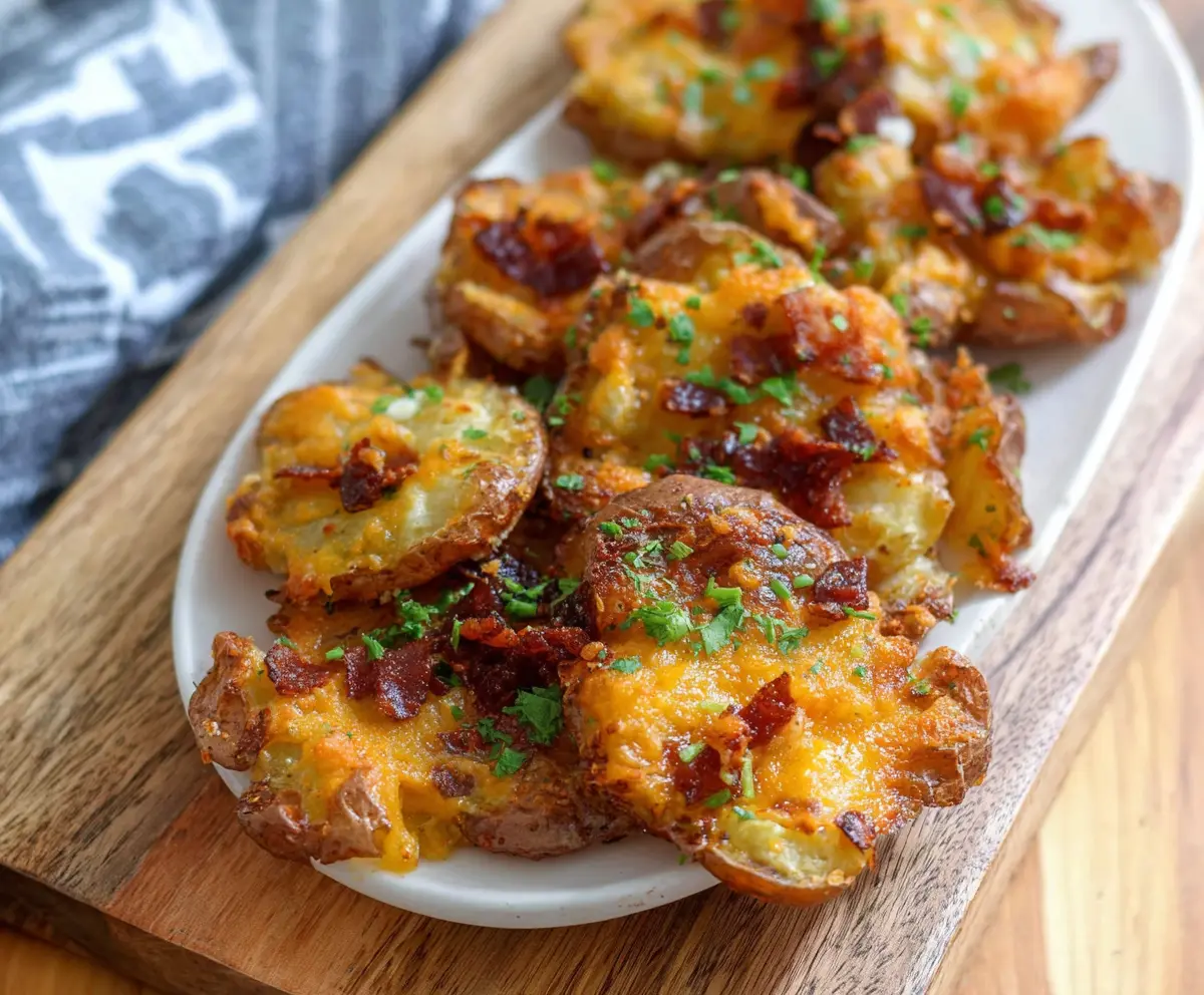 Delicious crispy cheesy smashed potatoes with a golden crust and melty cheese topping.