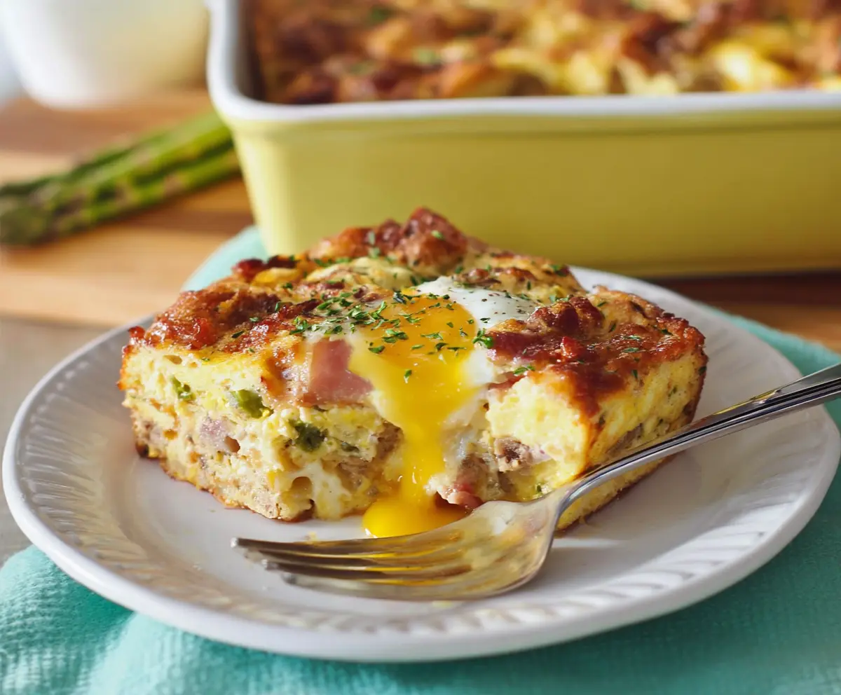 Delicious Easter Breakfast Casserole with eggs, cheese, and vegetables ready to serve.
